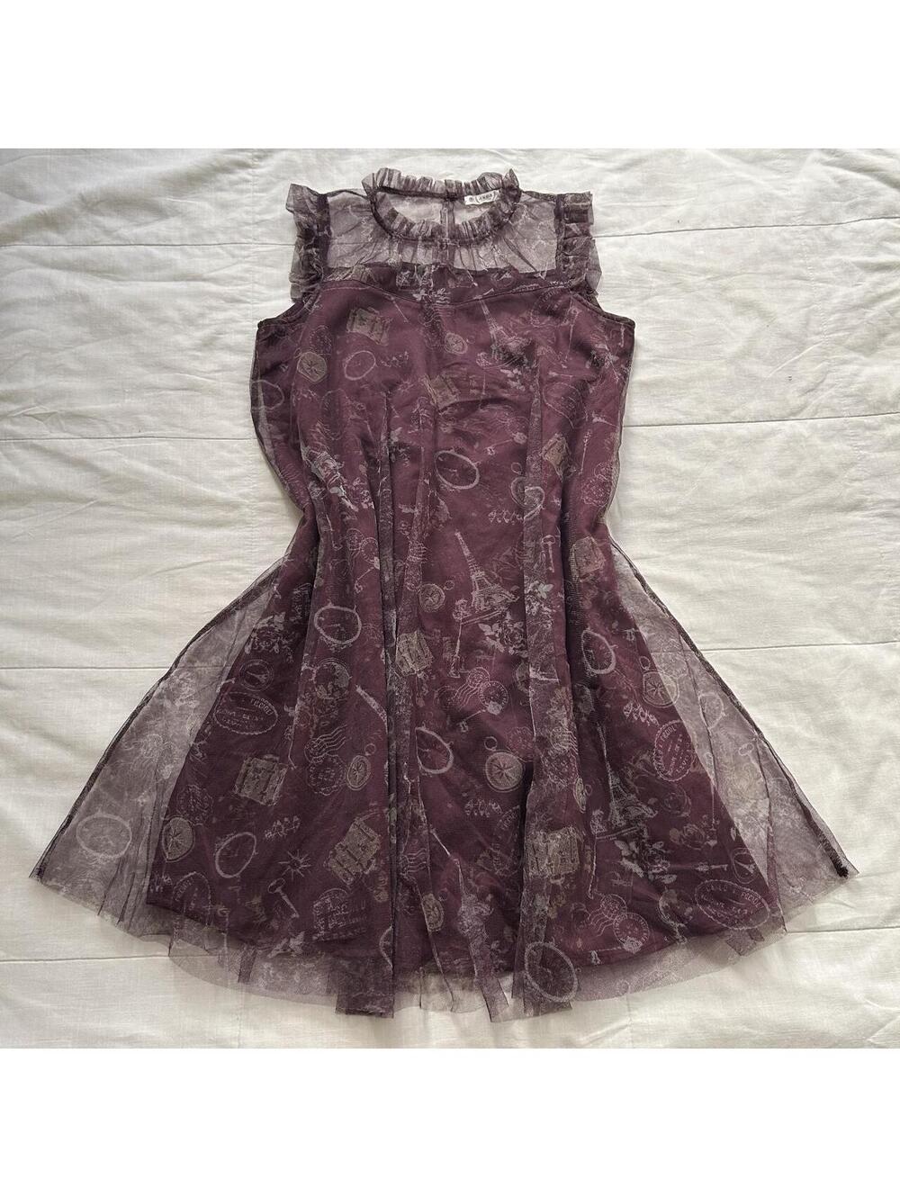 Axes Femme Dusty Purple Paris Print Sheer Dress Fairycore Size M Japan